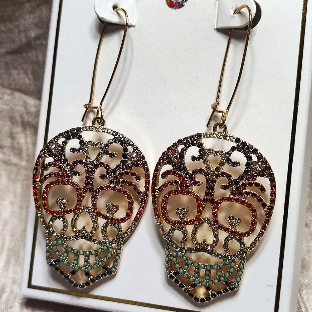 Bella Jack Sugar Skull Vibrant Multi Rhinestone Earrings NIB Day of the Dead NEW - Picture 7 of 10